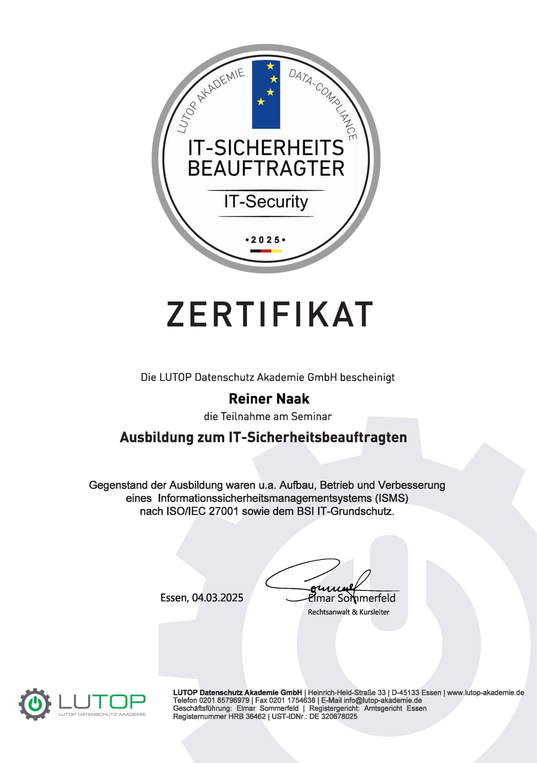 Zertifikat zum IT-Sicherheitsbeauftragten